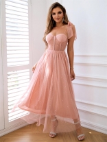 Pink Sleeveless Low-Cut Mesh Straps Evening Prom Maxi Dress
