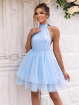 SkyBlue Women's Evening Sexy Off Shoulder Mesh Bottom Skirts Elegant Mini Dress