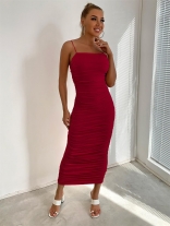 Red Women's Fashion Pleated Strap Bodycon Formal Midi Dress