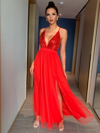 Red Women's Strap Sequins Prom Wedding Fashion Prom Maxi Dress