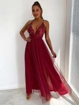 WineRed Women's Strap Sequins Prom Wedding Fashion Prom Maxi Dress