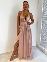 Beige Women's Strap Sequins Prom Wedding Fashion Prom Maxi Dress
