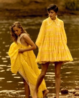 Yellow Women's Fashion Lantern Sleeves Shirt Pleated Large Swing Printed Dress