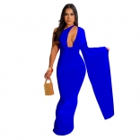 Blue Fashion Women's One Shoulder Sleeves Backless Bodycons Long Dress