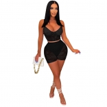 Black Halter Women's Low-Cut Lace Hollow-out 2PCS Sexy Romper Dress