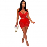 Red Halter Women's Low-Cut Lace Hollow-out 2PCS Sexy Romper Dress