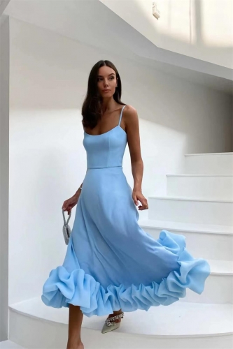 SkyBlue Women's Fashion Strap Large Hem A-line Skirt Evening Bodycon Maxi Dress