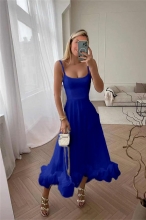 Blue Women's Fashion Strap Large Hem A-line Skirt Evening Bodycon Maxi Dress