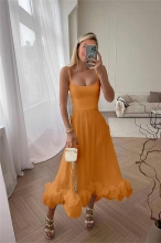 Orange Women's Fashion Strap Large Hem A-line Skirt Evening Bodycon Maxi Dress