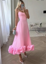 Pink Women's Fashion Strap Large Hem A-line Skirt Evening Bodycon Maxi Dress