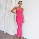 Pink Women's Strap Elegant Evening Mesh Pleated Formal Bodycon Midi Dresses