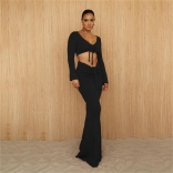 Black Women's Sexy Low-Cut Pleated Bodycon Drawstring Long Dresses