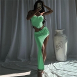 Green Women's Sexy Fishbone Suspender Strapless Bodycons Split Long Dress