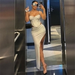 White Women's Sexy Fishbone Suspender Strapless Bodycons Split Long Dress