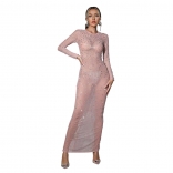 Pink Long Sleeve Mesh O-Neck Rhinestone Bodycon Sexy Maxi Dress