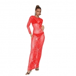 Red Long Sleeve Mesh O-Neck Rhinestone Bodycon Sexy Maxi Dress