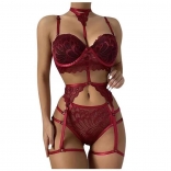 WineRed Women's 3PCS Lace Straps Padded Sexy Erotic Nights Lingerie Brief Sets
