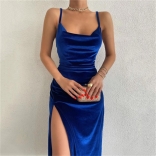 Blue Women's Strap Sexy Slim Fit Split Evening Party Midi Dress