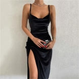 Black Women's Strap Sexy Slim Fit Split Evening Party Midi Dress