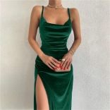 Green Women's Strap Sexy Slim Fit Split Evening Party Midi Dress