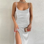 White Women's Strap Sexy Slim Fit Split Evening Party Midi Dress