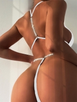White Women's New Sexy Pearl Chain Bikini Halter Swimwear