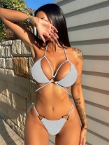 White Women's Sexy Padded Bikini Triangle Trikini Metal Ring Swimwear