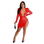 Red Women's Solid Mesh Diamond Party Long Sleeve Short Skirt Mini Dress