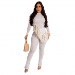 White Long Sleeve Women's Knitted Cotton Tassels Bodycon Sexy Jumpsuit Sets