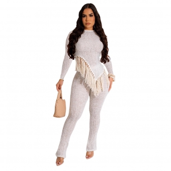 White Long Sleeve Women's Knitted Cotton Tassels Bodycon Sexy Jumpsuit Sets