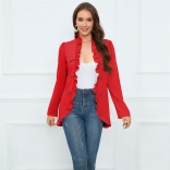 Red Women's Ruffle Edge Button Small Coat Slim Fit Fashion Suits