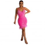 RoseRed Sexy V-Neck Strap Diamond Feather Party Bodycon Mini Dress