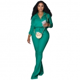 Green Long Sleeve Zipper V-Neck Fashion Women Casual Jumpsuit Dress