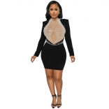 Black Women's Long Sleeve Sexy Rhinestones Mesh Perspective Pearls Bodycn Dress