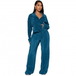 Blue Long Sleeve Short Top Long Sleeve Pleated Sexy Casual Jumosuit Set