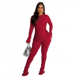Red Long Sleeve Irregular Knitted Thread Hollow Casual Jumpsuit Dress Set