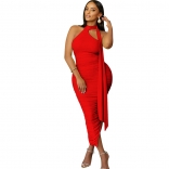 Red Women's Sexy Tight Pleated Sexy Sleeveless Irregular Midi Dress