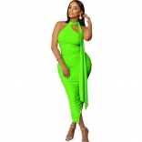 Green Women's Sexy Tight Pleated Sexy Sleeveless Irregular Midi Dress