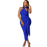 Blue Women's Sexy Tight Pleated Sexy Sleeveless Irregular Midi Dress