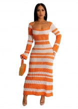 Orange Long Sleeve Knitted Sweater Fashion Women Midi Casual Long Dress