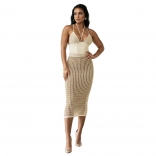 Beige Women's Sexy Strap Naked Back One Piece Top Hollow Knitted Skirt Set Dress