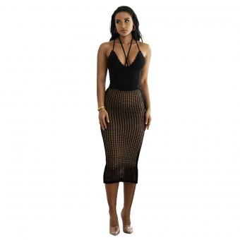 Black Women's Sexy Strap Naked Back One Piece Top Hollow Knitted Skirt Set Dress