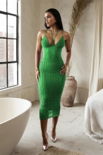 Green Women's Sexy Strap Naked Back One Piece Top Hollow Knitted Skirt Set Dress