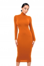 Orange Women's Fashion Turtle Neck Long Sleeve Bodycon Party Midi Dress