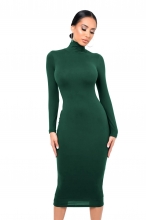 Green Women's Fashion Turtle Neck Long Sleeve Bodycon Party Midi Dress