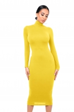 Yellow Women's Fashion Turtle Neck Long Sleeve Bodycon Party Midi Dress