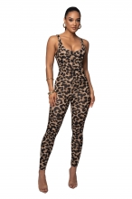 Leopard Women's Straps U-neck Party Bodycon Printed Leopard Sexy Jumpsuit