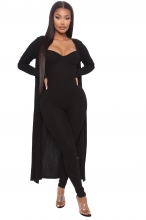 Black Women's Halter Low Cut Strap Bodycon Sexy Jumpsuit Coat Dress Sets
