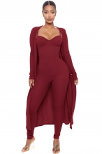 Red Women's Halter Low Cut Strap Bodycon Sexy Jumpsuit Coat Dress Sets