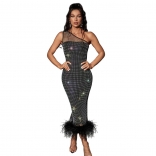Black Sleeveless Mesh Rhinestone Bodycon Feather Sexy Midi Dress